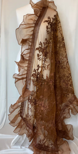 The Fariya Scarf in Chocolate- In Net with Organza frills